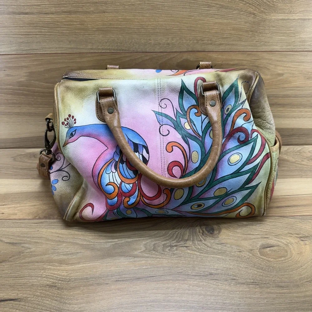 Anuschka Peacock Pattern Large Leather Satchel Hand Painted Zip Crossbody